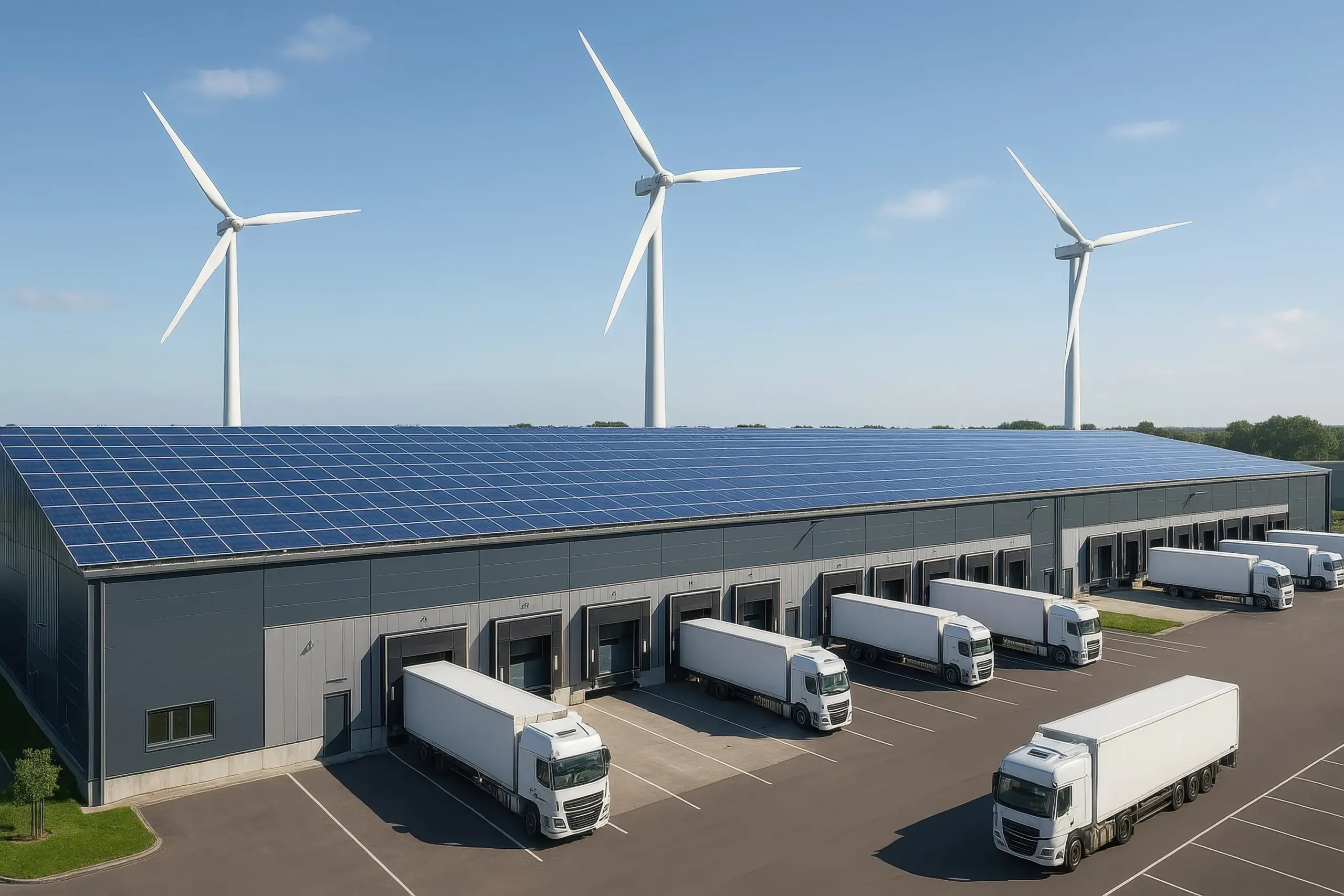 Heavy-duty trucks charging at a modern solar-powered depot, with large solar panels providing clean renewable energy for electric transport.