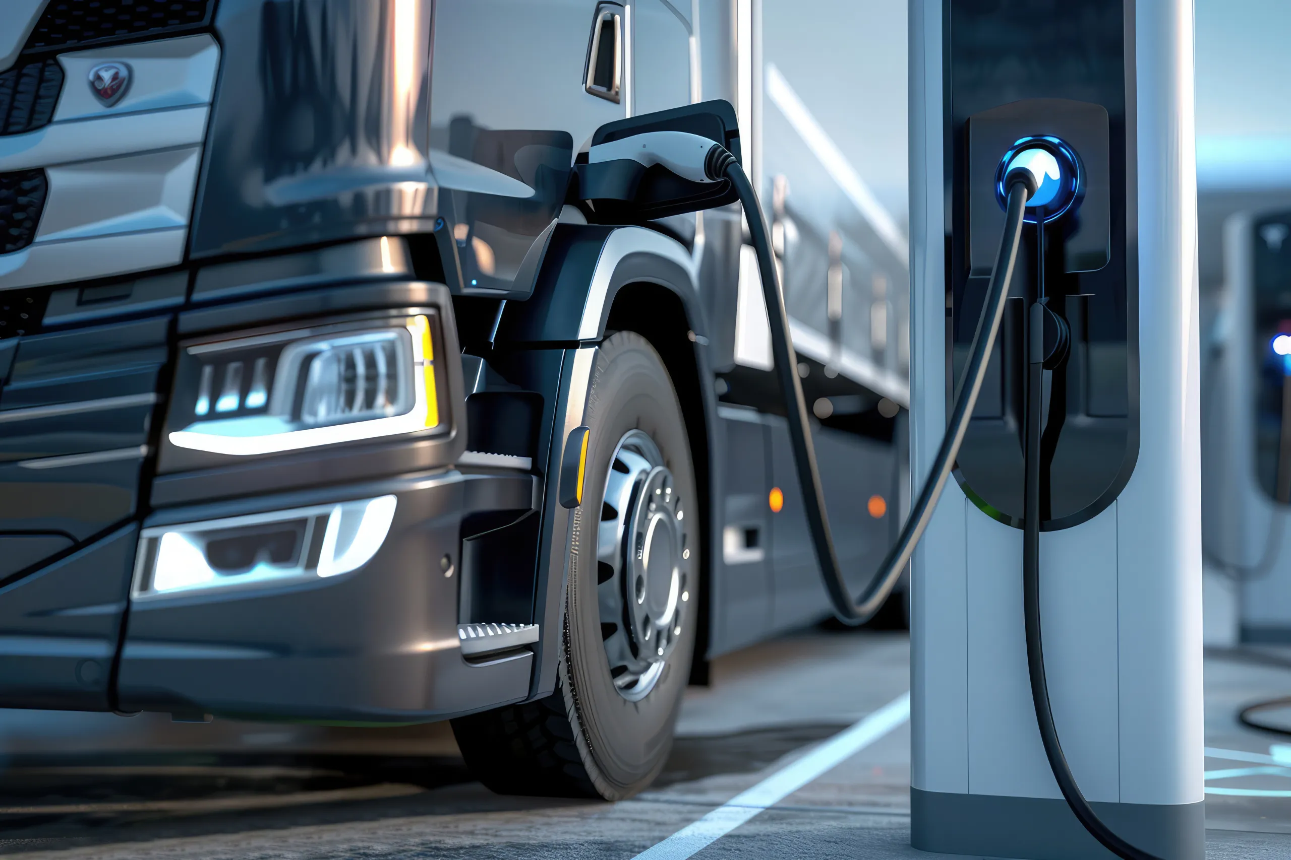 Electric truck charging at a high-capacity depot station powered by renewable energy.